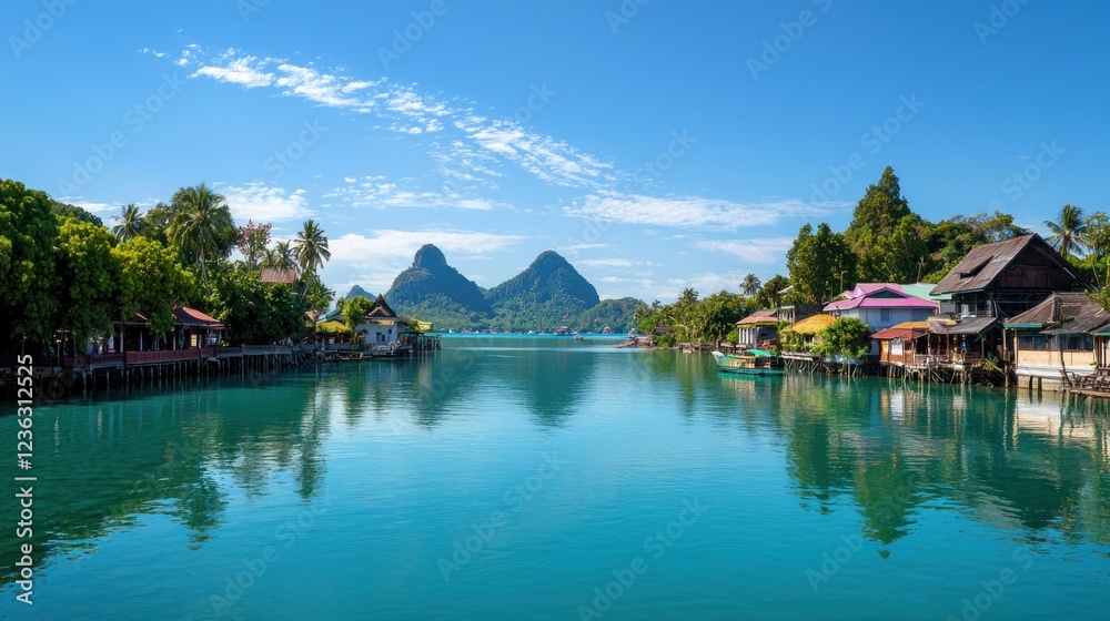 Tropical Island Village Seascape with Turquoise Water Tropical Island Village Seascape with Turquoise Water