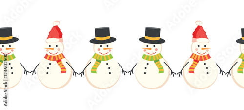 Merry Christmas seamless horizontal banner with candles, gnomes, Christmas wreath, snowman, mittens, cocoa mug. Flat illustration