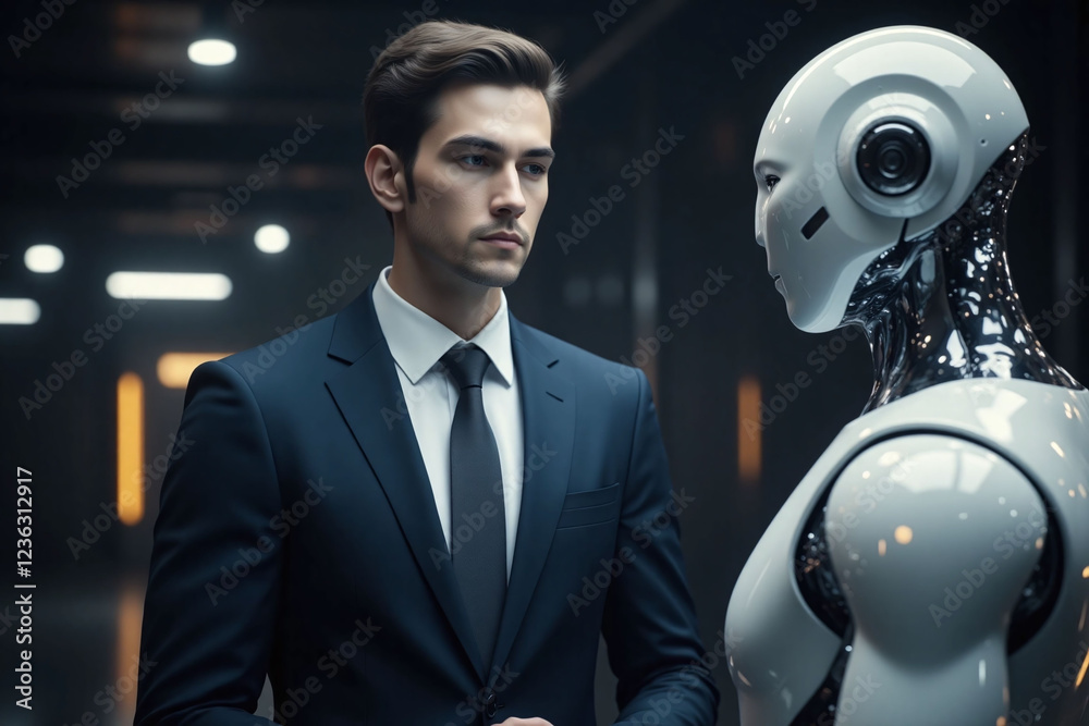 human, male, humanoid, robot, futuristic, setting, facing human, male, humanoid, robot, futuristic, setting, facing