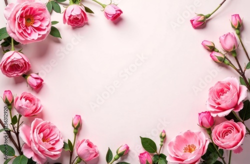 Pink roses and buds arrangement on a soft pink background