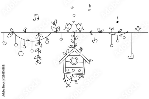 Love birds sit on a rope with spring leaves. Birds stand over their nest and sing a song to each other