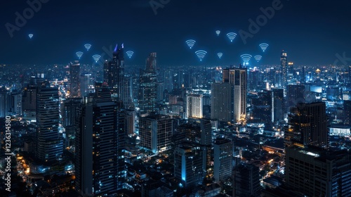 Wallpaper Mural Connected Cityscape: Illuminated Skyline with Floating Wi-Fi Symbols at Night Torontodigital.ca