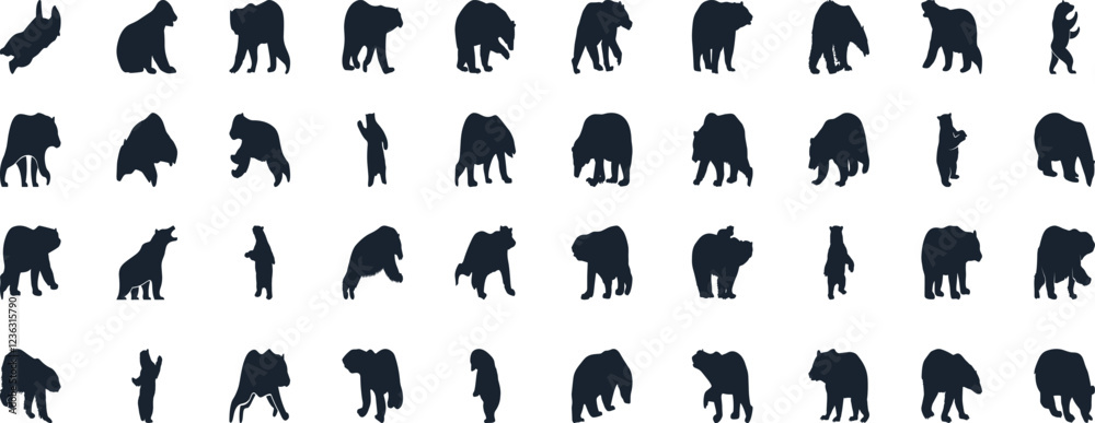 Bear silhouette, various poses of bear, standing, walking, sitting, wildlife, nature, animal, black, outline, wild, mammal, grizzly bear collection