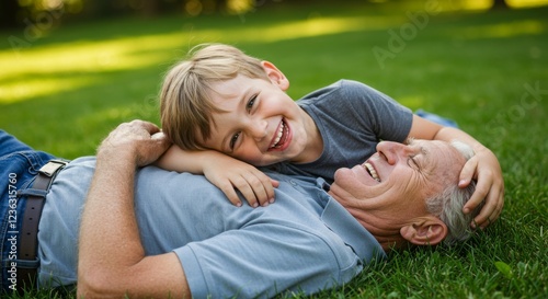 Fototapeta Naklejka Na Ścianę i Meble -  Grandfather and Grandson Laughing on Grass