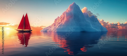 Majestic Sailing Ship Against Glowing Iceberg at Sunset Viewpoint