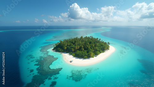 A breathtaking aerial view of a tropical island surrounded by crystal-clear waters and vibrant coral reefs, highlighting lush greenery and a serene beach