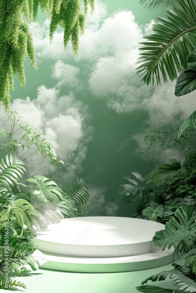 Lush Greenery Surrounds a Circular Platform in an Ethereal Ambiance With Mist and a Ring of Light in a Serene Natural Setting Lush Greenery Surrounds a Circular Platform in an Ethereal Ambiance With Mist and a Ring of Light in a Serene Natural Setting