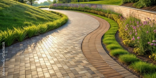 A winding brick pathway bordered by lush green grass and colorful flowering plants, leading through a serene landscape, bathed in warm sunlight.