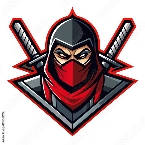 A bold and aggressive e-sports logo featuring a masked ninja with glowing red eyes, dual katanas crossed behind, and a modern, sharp-edged font for the team name, set against a dark gradient backgroun