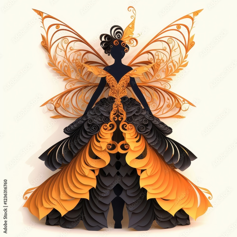 Obraz premium Elegant Black and Gold Paper Art Fairy Silhouette in Intricate Gown with Wings