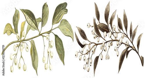 Antique mistletoe botanical art featuring branch with white berries, ideal for holiday kissing traditions, vintage art for perfect holiday moments