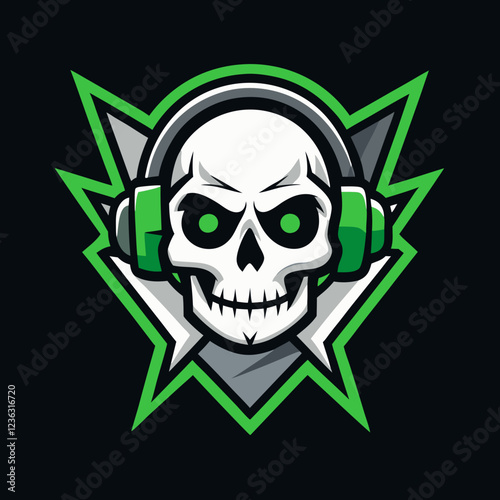 A minimal yet striking e-sports logo featuring a skull with a gaming headset, glowing green eyes, and crossed lightning bolts in the background, representing speed, power, and gaming dominance