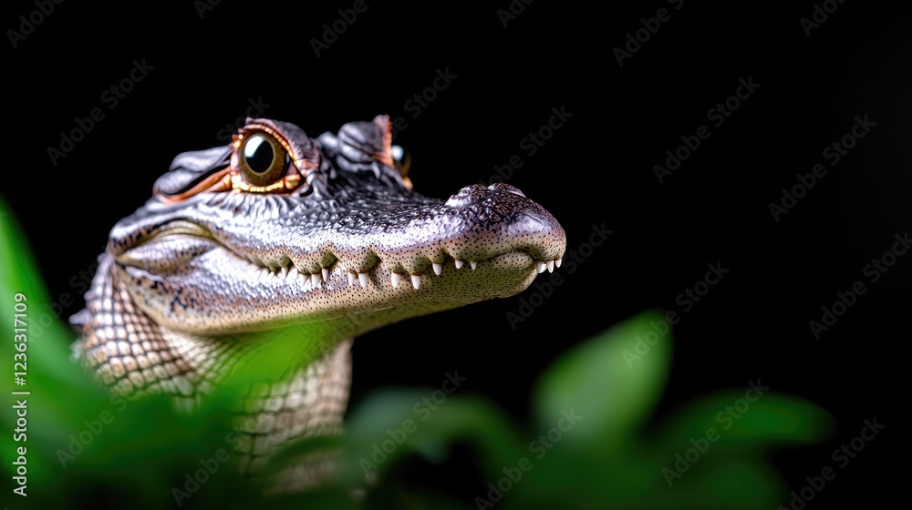 Fototapeta premium Baby alligator portrait, dark background, green foliage