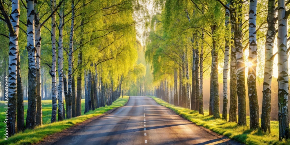 Obraz premium A sunlit road through a birch tree avenue, with fresh green leaves and a misty morning light.