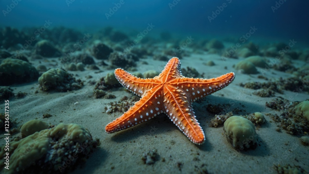 Orange Starfish on Ocean Floor,Underwater Wildlife Orange Starfish on Ocean Floor,Underwater Wildlife