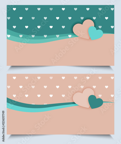 Set of horizontal valentine day card, label, gift tag, certificate, discount, gift card with Hearts. Mock up blue beige isolated template with empty copy space for Valentine's Day Sale, Women's Day.