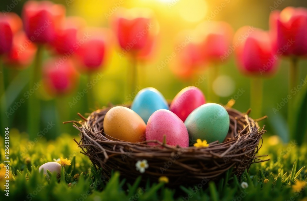 colorful easter eggs hidden in tall grass - concept of egg hunt, festive surprises, spring discovery colorful easter eggs hidden in tall grass - concept of egg hunt, festive surprises, spring discovery