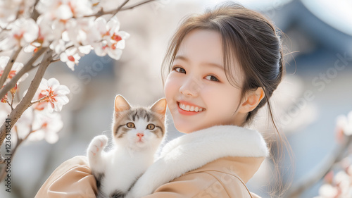 ガッツポーズの子猫を抱く少女 photo