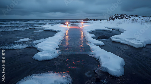 Winter ocean path, lit lanterns, icy shore, twilight