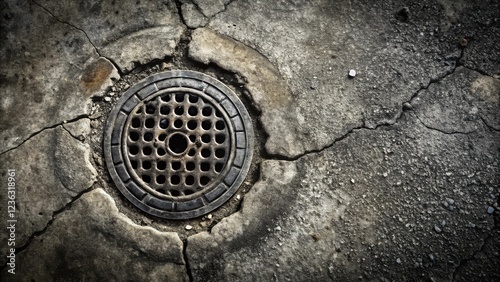 A circular iron grate set in cracked concrete, a testament to the passage of time and the resilience of infrastructure. photo