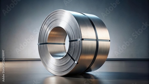 A coil of shiny metal wire bound with black straps, gleaming against a light gray background. photo