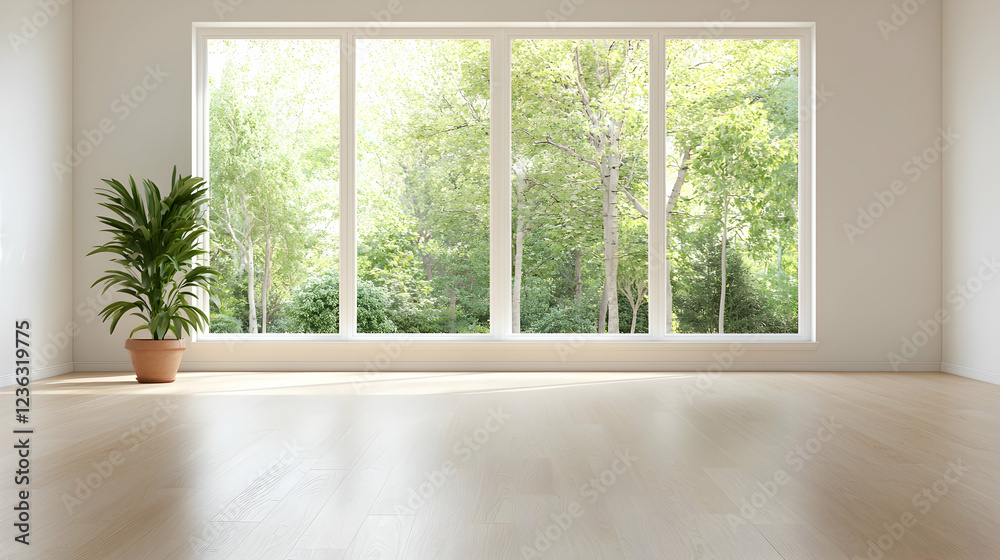 Fototapeta premium Sunny room, large window, forest view, empty interior design