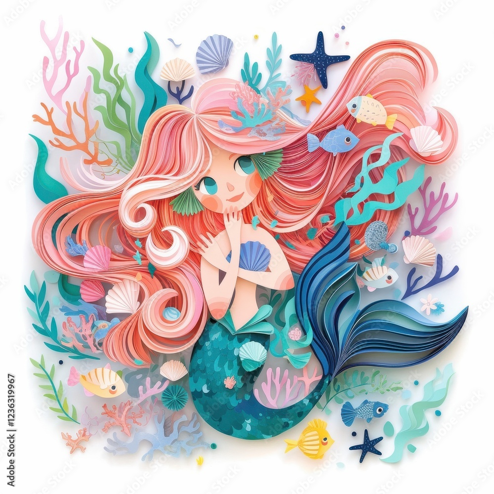 Obraz premium Enchanting Paper Art Mermaid with Pink Hair Ocean Flora and Fish