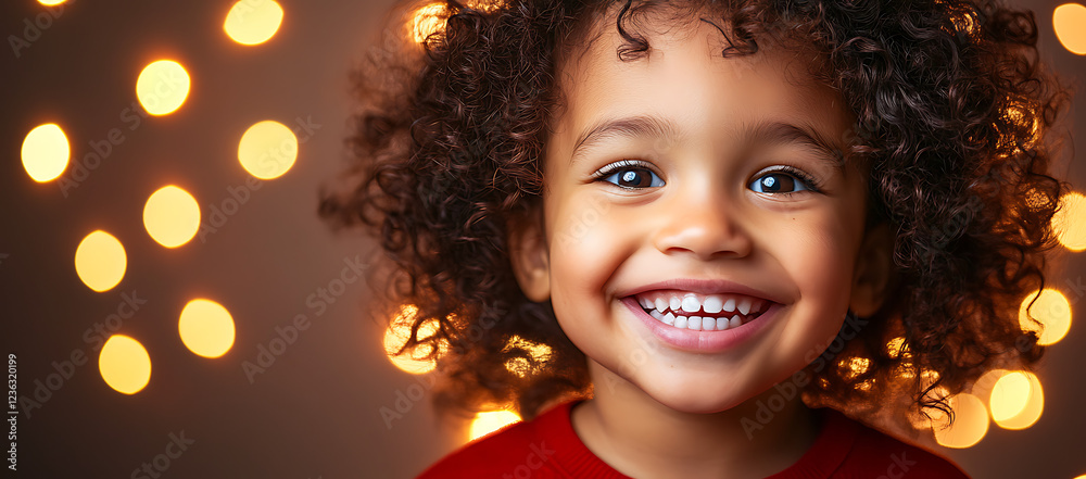 Joyful child with curly hair and bright smile, warm bokeh lights in the background, festive and cheerful ambiance