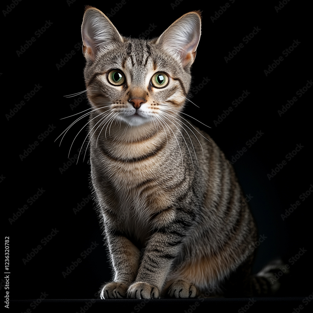 Cat with green eyes is sitting on a black surface. Minimalistic background. Cat with green eyes is sitting on a black surface. Minimalistic background.