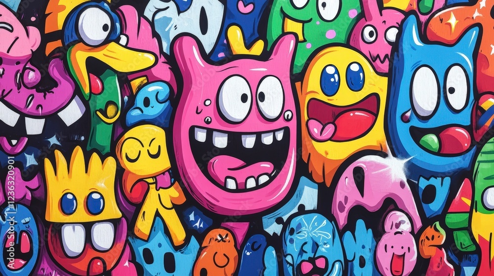 Colorful Cartoon Characters with Smiles and Fun Expressions Background Colorful Cartoon Characters with Smiles and Fun Expressions Background