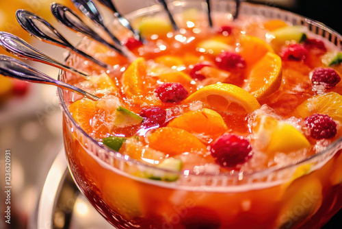 A fruit punch bowl with ladles forming a cheerleading squad around it