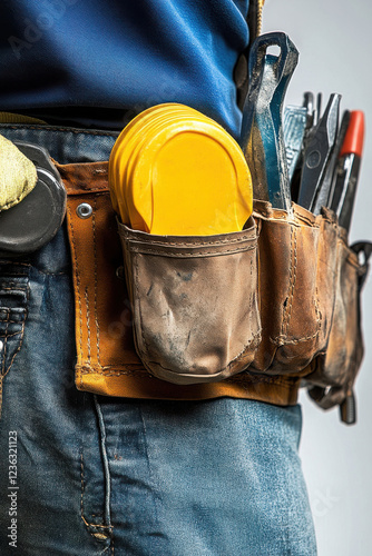 Close-up of a worker’s tool belt with safety tools on a white background, highlighting preparedness