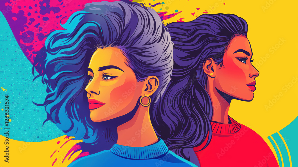 A vibrant illustration of two women with stylish hairstyles, set against a colorful background, showcasing beauty and confidence. A vibrant illustration of two women with stylish hairstyles, set against a colorful background, showcasing beauty and confidence.