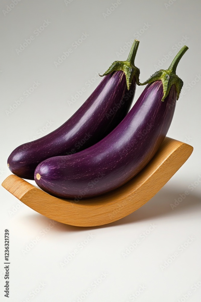 Vibrant purple eggplants on a wooden tray Vibrant purple eggplants on a wooden tray
