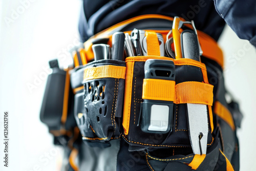 Close-up of a worker’s tool belt with safety tools on a white background, highlighting preparedness