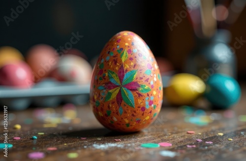 intricate painted Easter egg in different colors, festive artistic design, crafty celebratory scene, ideal for art supplies, party planners, seasonal events photo