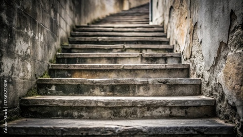 A weathered stone staircase leading upwards, framed by rough stone walls, evokes a sense of history and the passage of time.