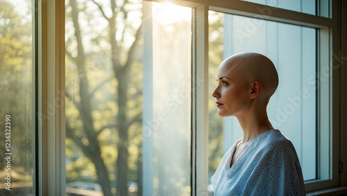 Free Download  young woman with a bald head standing in front of a large window. women with cancer. He is wearing hospital patient clothes and appears to be looking out at the trees outside. - GFXLoad