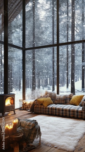 Cozy Winter Retreat Featuring a Warm Fireplace and Snowy Landscape Through Large Windows