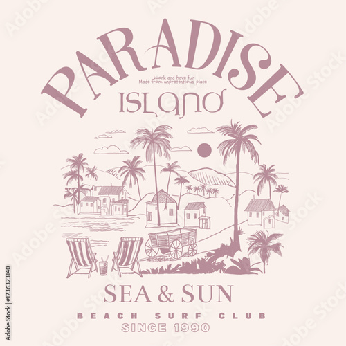 Paradise island.  drawn island.  summer t shirt design.  graphic design. print design. sunshine long beach. summer prints. girls graphic.  me fashion. summer prints. tropical vector. palm tree forest.