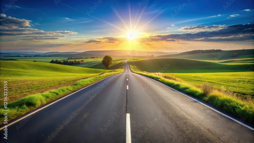 Fototapeta premium A winding asphalt road stretches through a picturesque landscape, leading towards a sun-drenched horizon, with rolling green hills and a vibrant sky filled with clouds