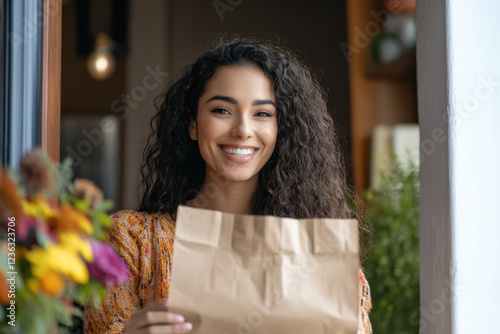 Happy latin woman receiving a food delivery order in a brown paper bag at the doorway of her home