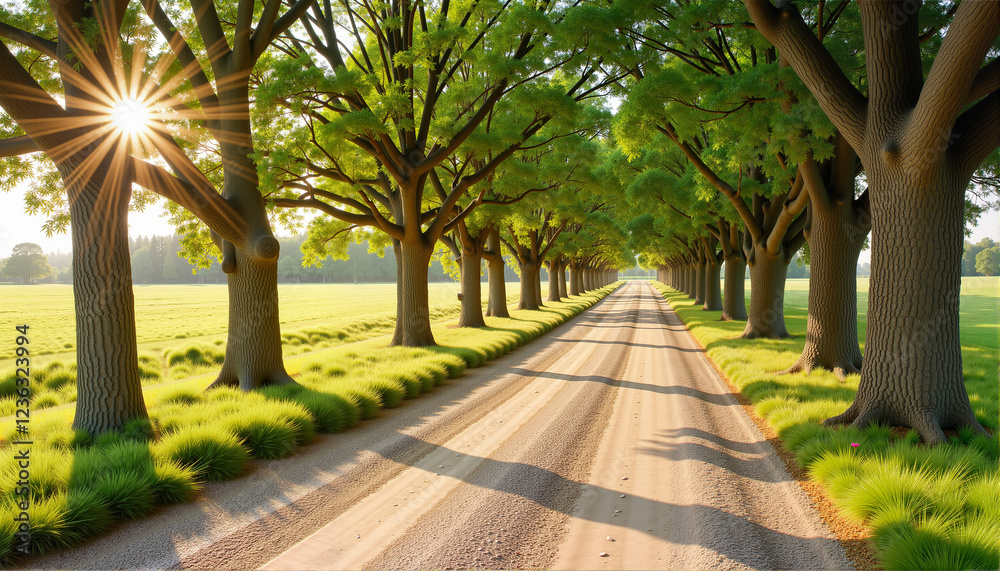 Lush tree-lined dirt road under sunlight for blogs, websites, nature-themed designs, landscape illustrations, outdoor decor, and relaxation inspiration Lush tree-lined dirt road under sunlight for blogs, websites, nature-themed designs, landscape illustrations, outdoor decor, and relaxation inspiration