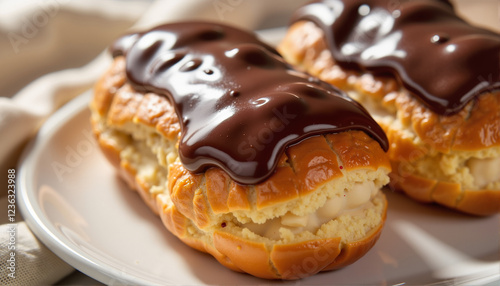 Chocolate eclairs on a plate for food blogs, recipe websites, dessert-themed designs, culinary presentations, and social media posts about pastries and baking photo