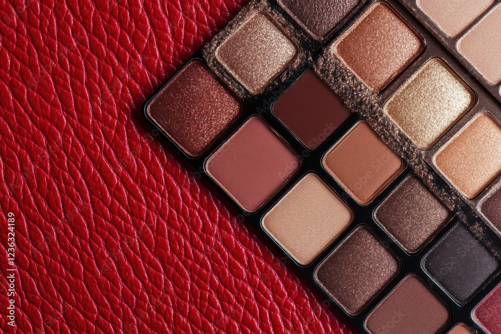 Fototapeta premium Makeup Palette on Red Leather Background