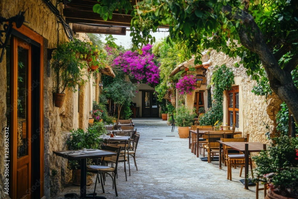 Obraz premium Charming Mediterranean Alley with Flowers and Cafes