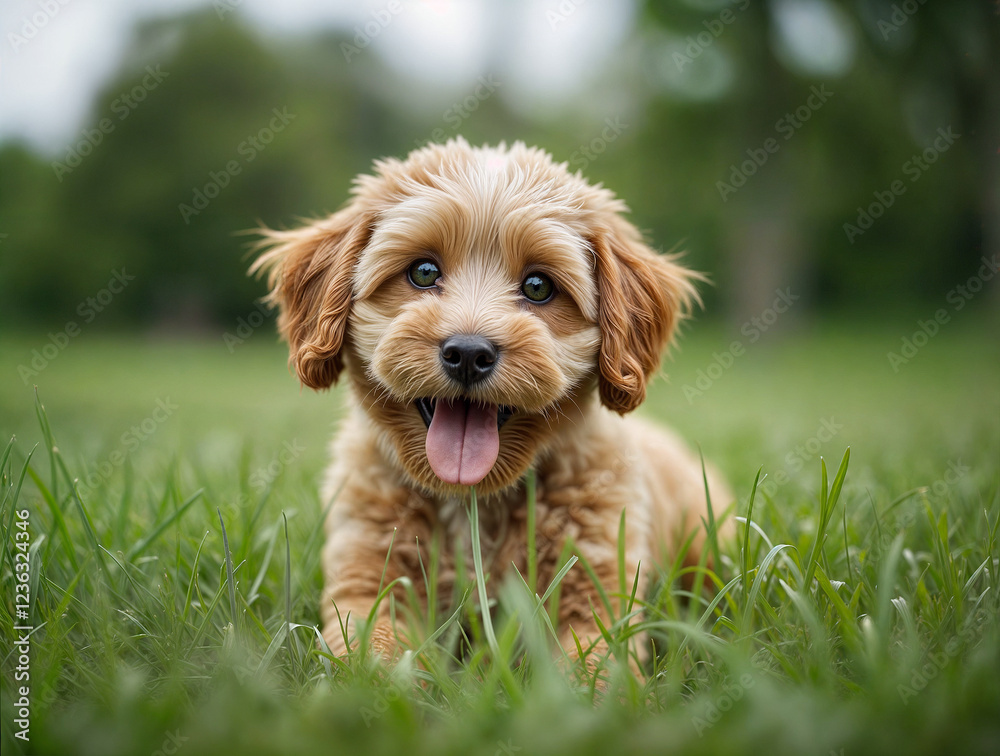 Happy puppy playing in a grassy field on a sunny day with bright green trees in the background Happy puppy playing in a grassy field on a sunny day with bright green trees in the background