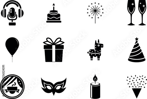  festive, celebration, birthday cake, balloons, party hats, confetti, fireworks, champagne glasses, gift boxes, candles, streamers, masquerade mask, piñata, banner, party, event, celebration symbols, 