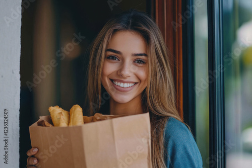 Happy latin woman receiving a food delivery order in a brown paper bag at the doorway of her home