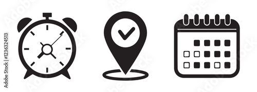 Time, address, and date icon vector in flat style. Clock, pin map location, and calendar signs set, Black & white vector.